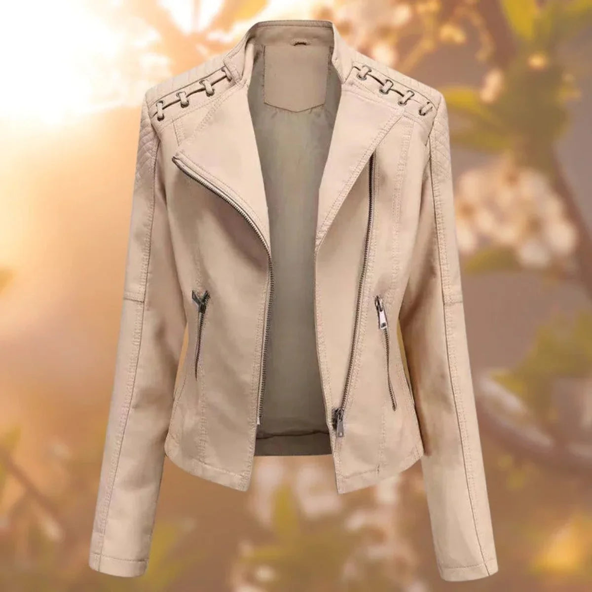 Women's moto-style zip-up faux leather biker jacket – Khaki