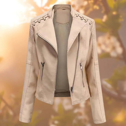 Women's moto-style zip-up faux leather biker jacket – Khaki