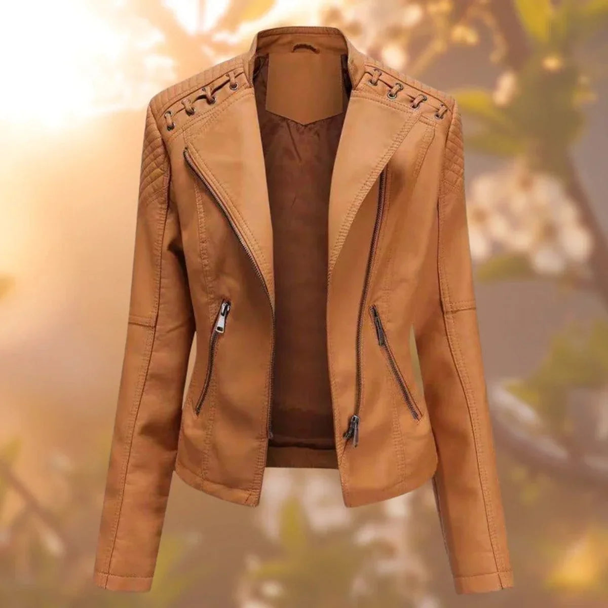 Women's moto-style zip-up faux leather biker jacket – Orange