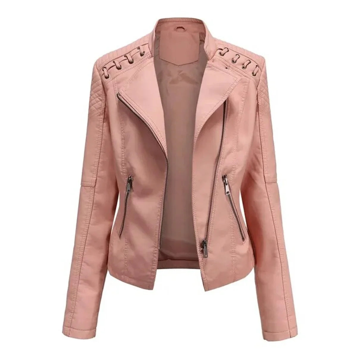 Women's moto-style zip-up faux leather biker jacket – Pink
