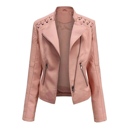 Women's moto-style zip-up faux leather biker jacket – Pink