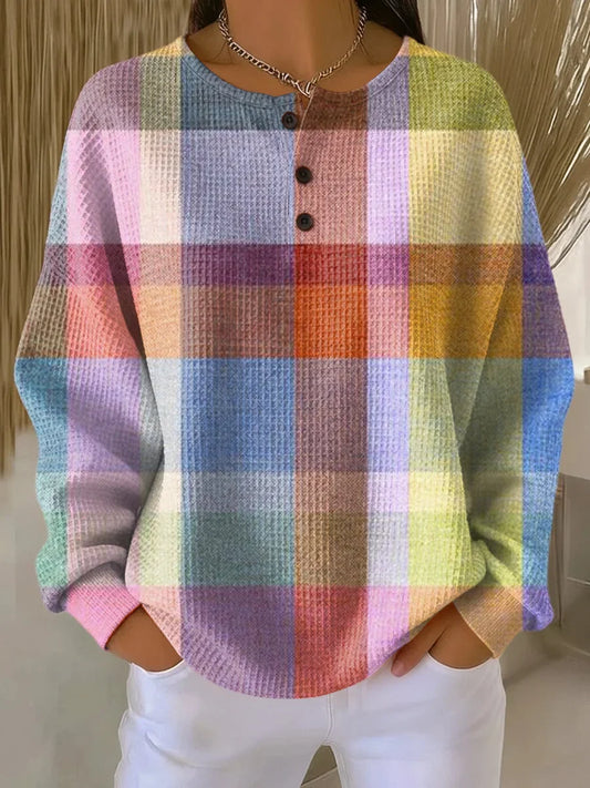 Women's multi-color plaid waffle long-sleeve knit sweater with henley placket – Multicolor
