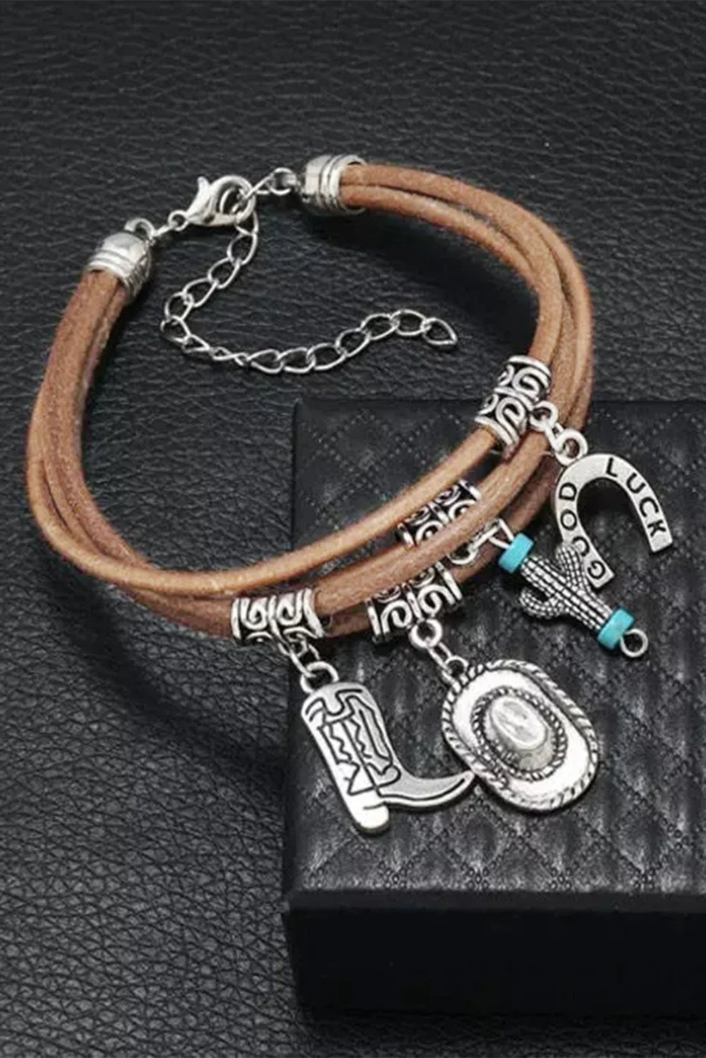 Women's multi-layered western charm bracelet with hat boot cactus – Silver