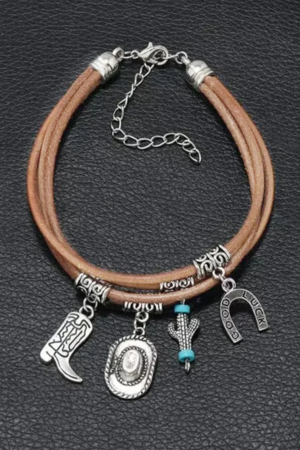Women's multi-layered western charm bracelet with hat boot cactus – Silver
