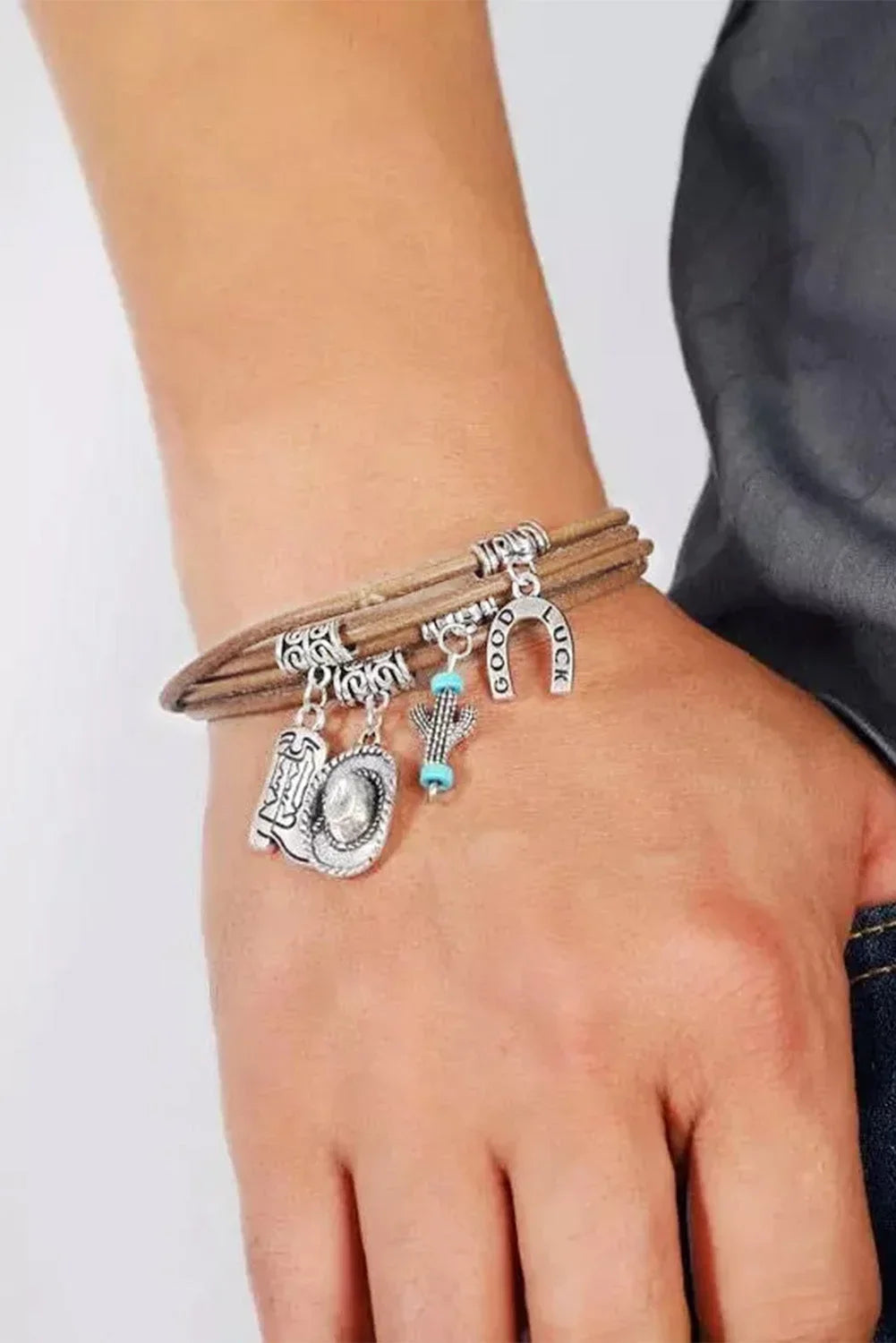 Women's multi-layered western charm bracelet with hat boot cactus – Silver