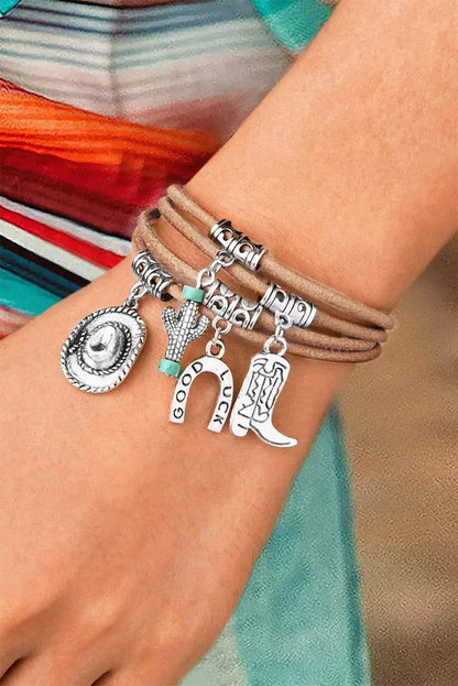Women's multi-layered western charm bracelet with hat boot cactus – Silver