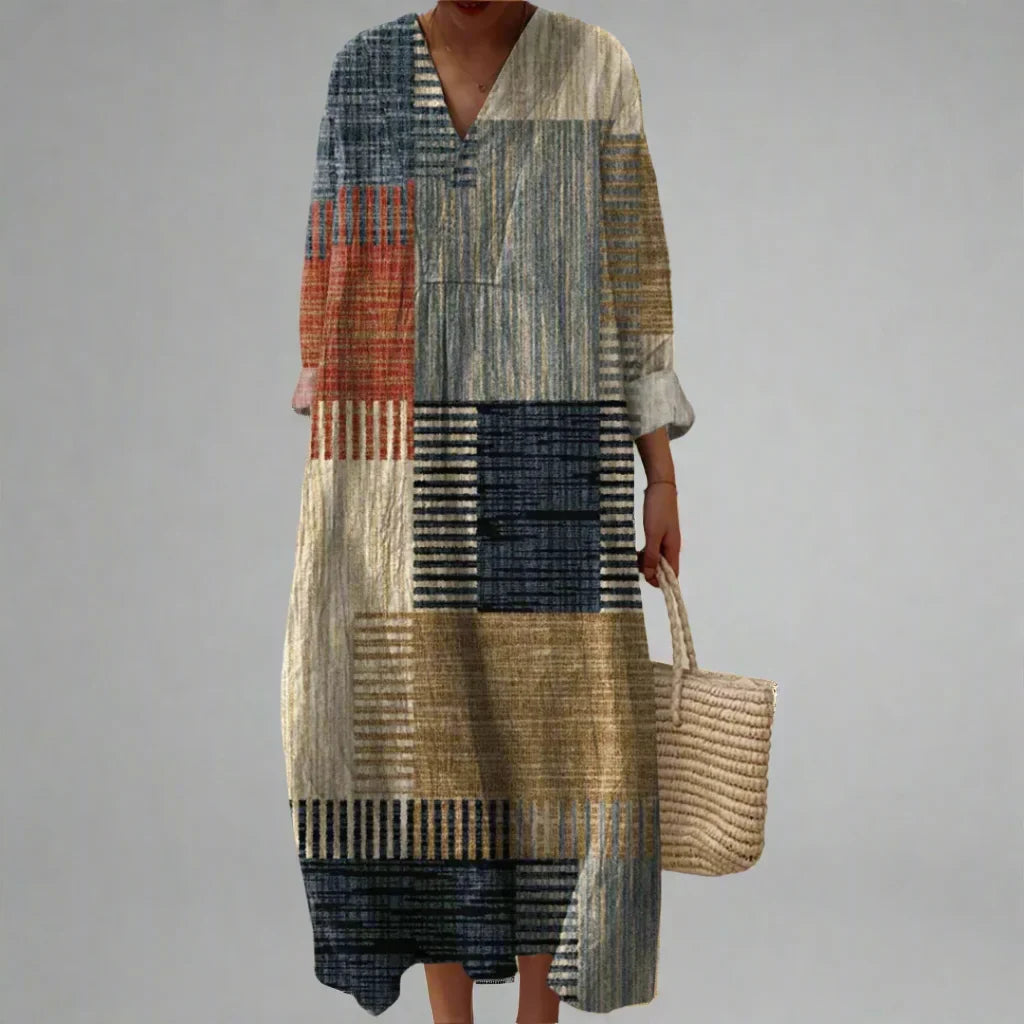 Women's geometric patterned maxi dress with V-neck long-sleeve – Multicolor
