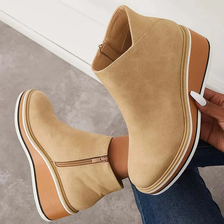 Women's faux leather ankle wedge platform boots with side zipper