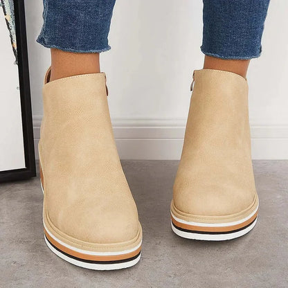 Women's faux leather ankle wedge platform boots with side zipper