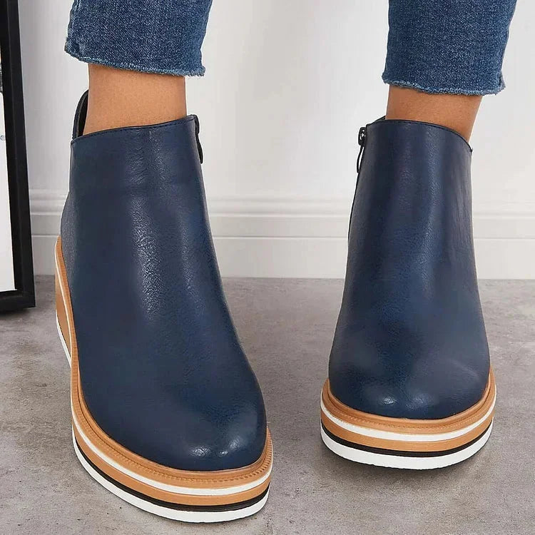 Women's faux leather ankle wedge platform boots with side zipper