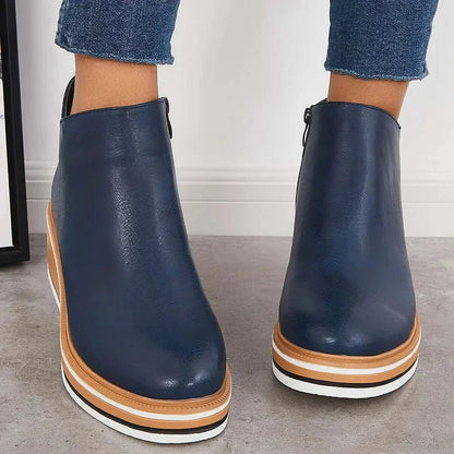 Women's faux leather ankle wedge platform boots with side zipper