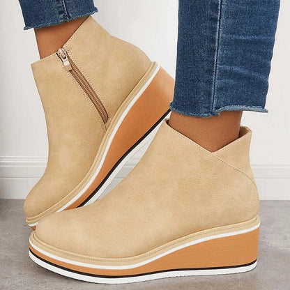 Women's faux leather ankle wedge platform boots with side zipper