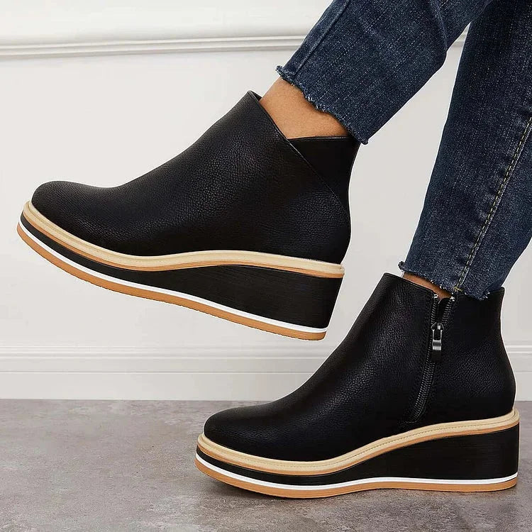 Women's faux leather ankle wedge platform boots with side zipper