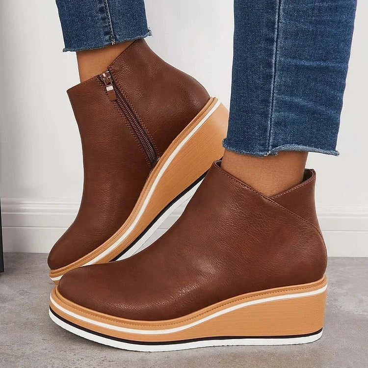 Women's faux leather ankle wedge platform boots with side zipper