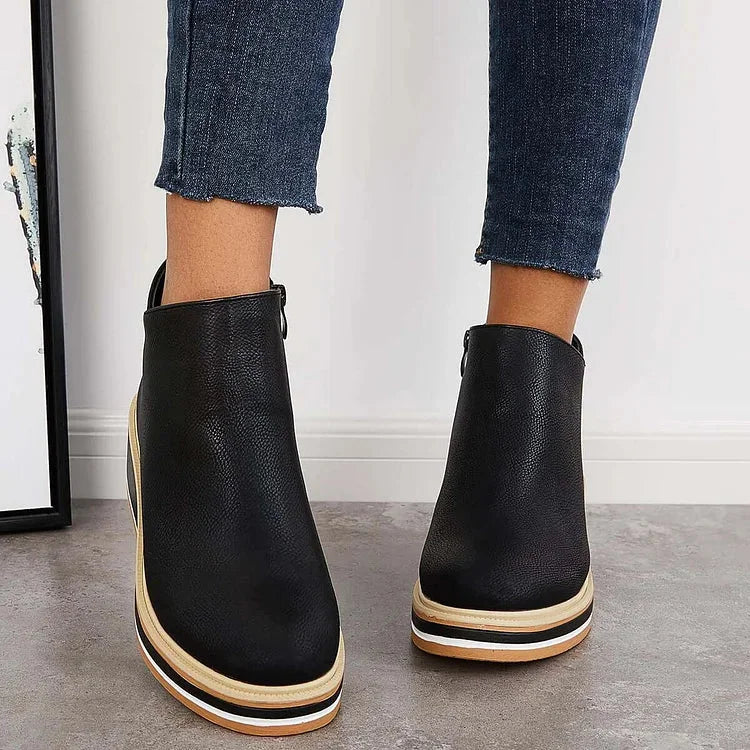 Women's faux leather ankle wedge platform boots with side zipper