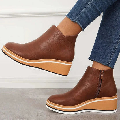 Women's faux leather ankle wedge platform boots with side zipper