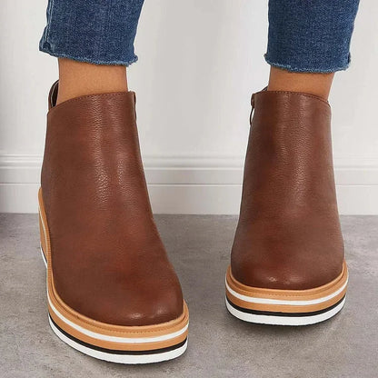 Women's faux leather ankle wedge platform boots with side zipper