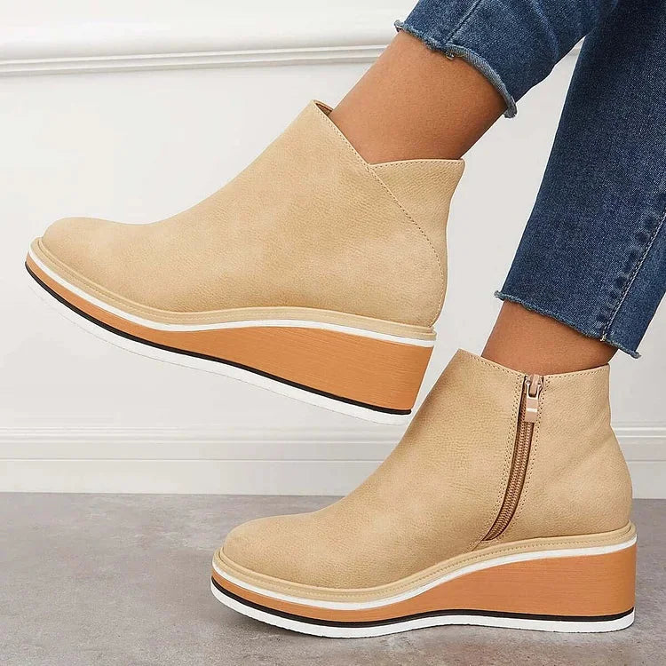 Women's faux leather ankle wedge platform boots with side zipper – Beige