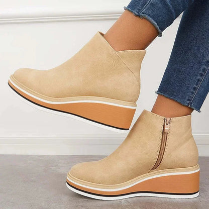 Women's faux leather ankle wedge platform boots with side zipper – Beige