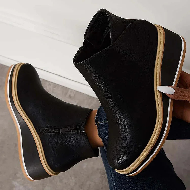 Women's faux leather ankle wedge platform boots with side zipper – Black