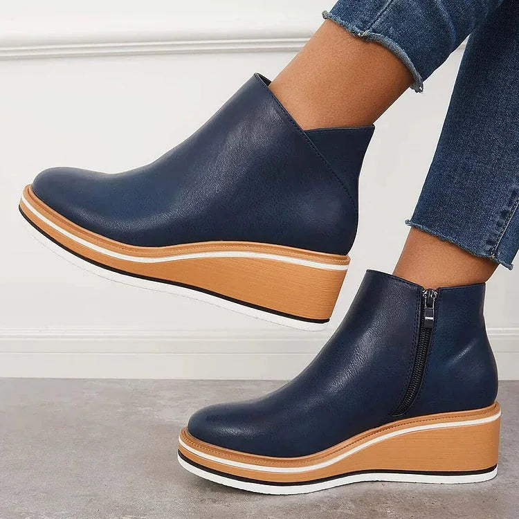 Women's faux leather ankle wedge platform boots with side zipper – Blue