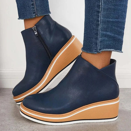 Women's faux leather ankle wedge platform boots with side zipper