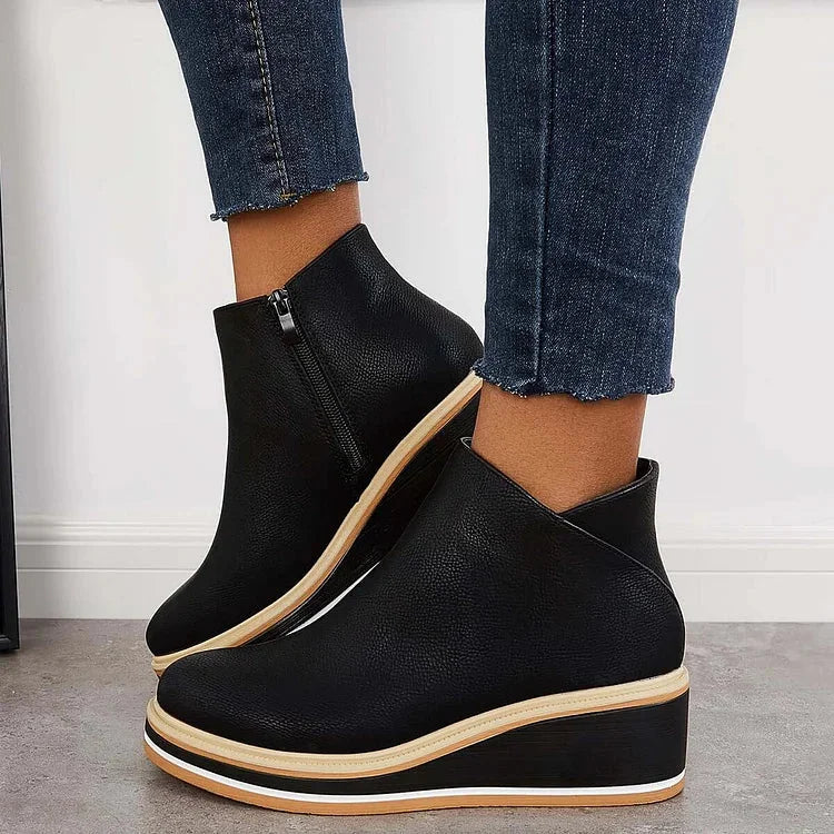 Women's faux leather ankle wedge platform boots with side zipper
