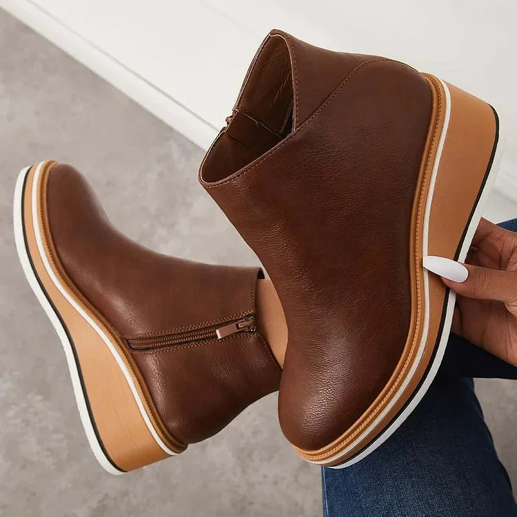 Women's faux leather ankle wedge platform boots with side zipper – Dark Brown