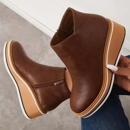 Women's faux leather ankle wedge platform boots with side zipper – Dark Brown
