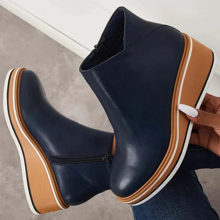 Women's faux leather ankle wedge platform boots with side zipper