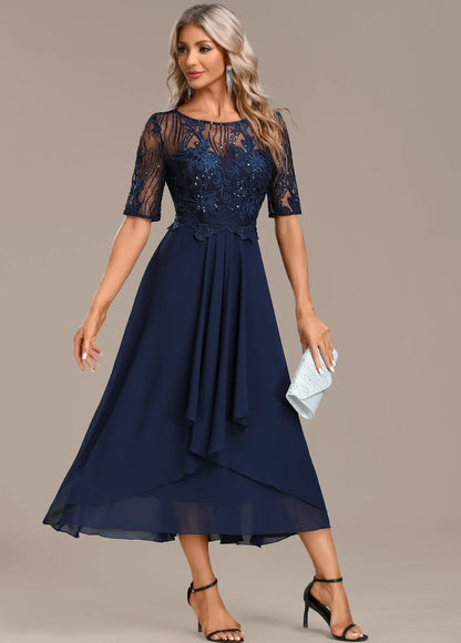 Women's lace midi dress with round-neck short-sleeve embroidered bodice – Navy