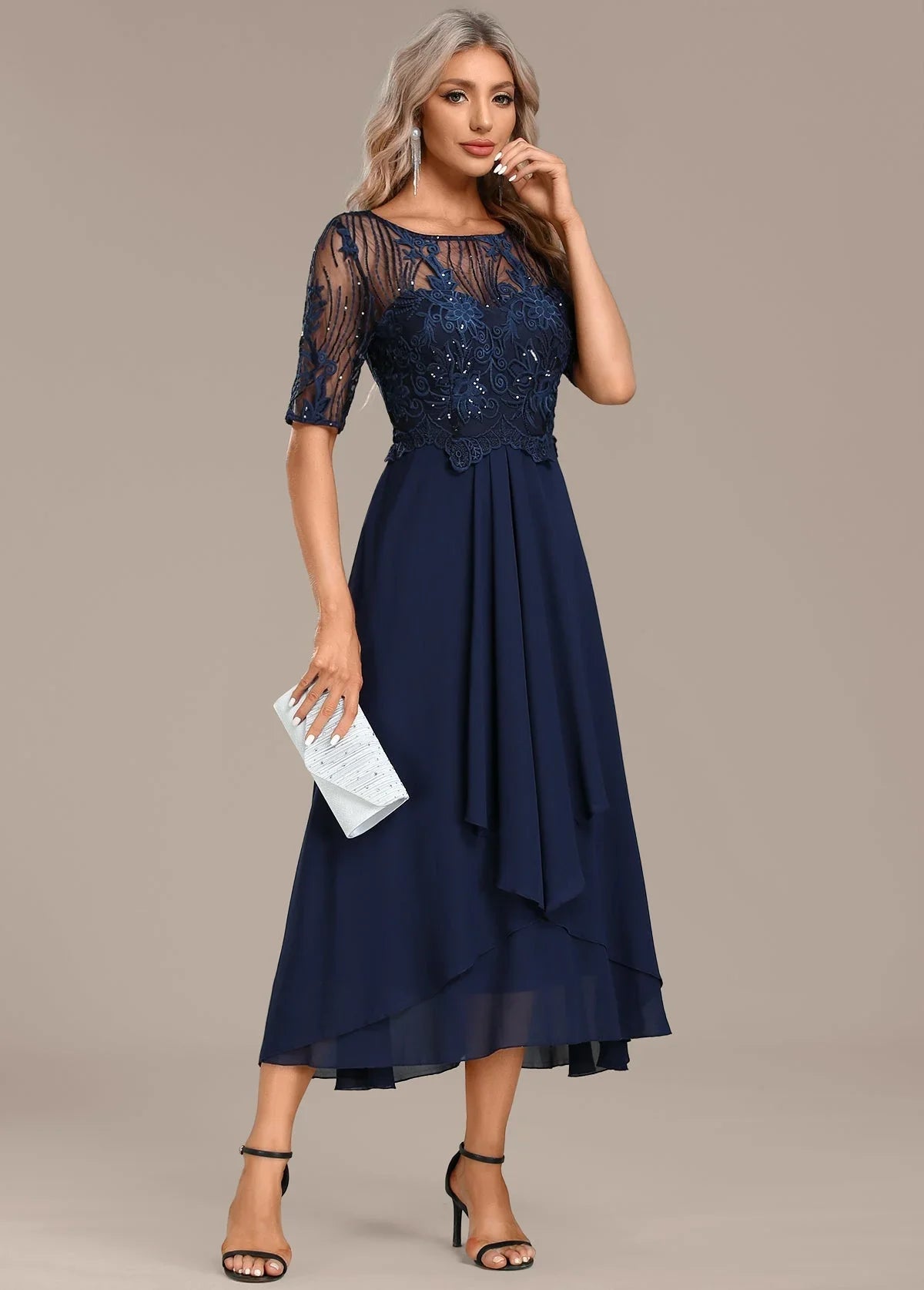Women's lace midi dress with round-neck short-sleeve embroidered bodice – Navy