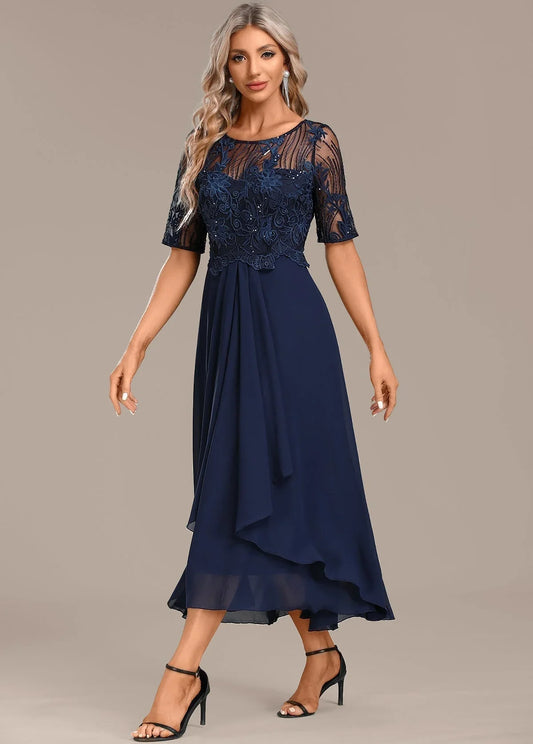 Women's lace midi dress with round-neck short-sleeve embroidered bodice – Navy