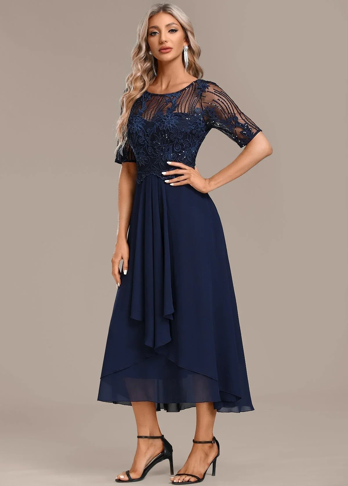 Women's lace midi dress with round-neck short-sleeve embroidered bodice – Navy