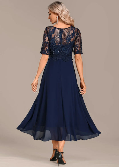 Women's lace midi dress with round-neck short-sleeve embroidered bodice – Navy