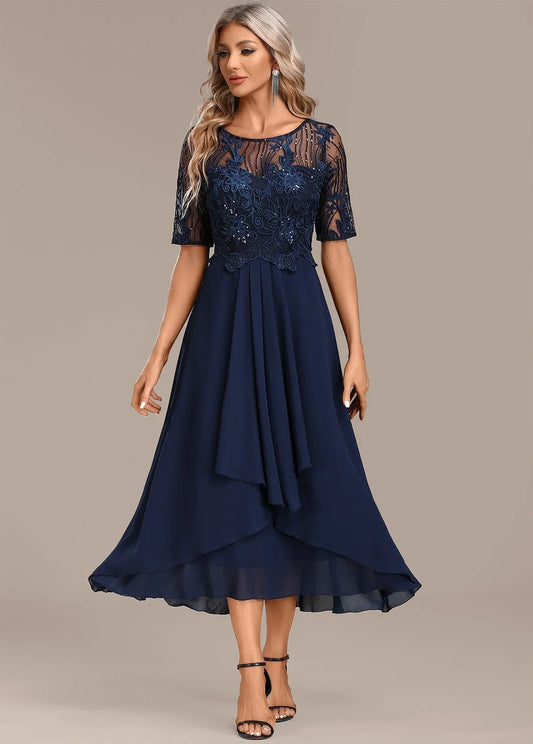 Women's lace midi dress with round-neck short-sleeve embroidered bodice – Navy