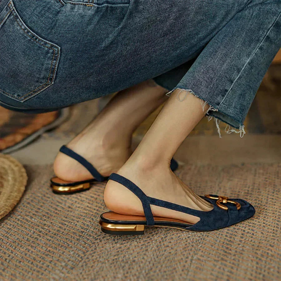 Women's suede square-toe sandals with slingback and tone buckle