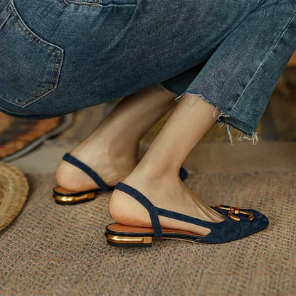 Women's suede square-toe sandals with slingback and tone buckle