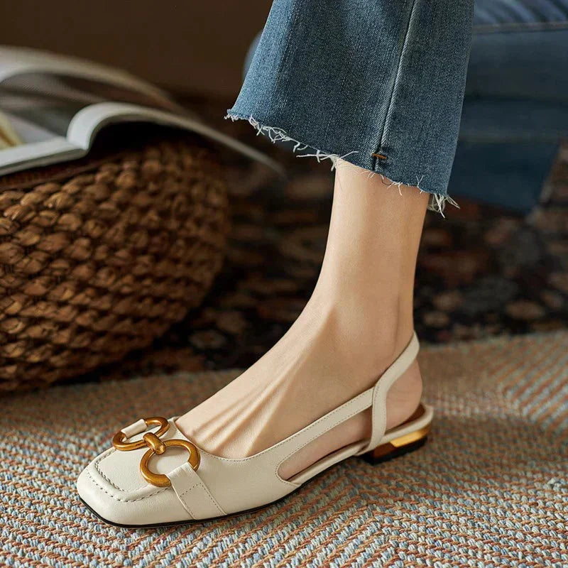 Women's suede square-toe sandals with slingback and tone buckle – Beige