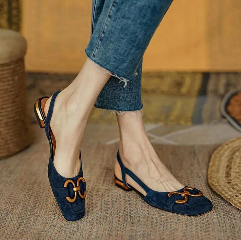Women's suede square-toe sandals with slingback and tone buckle – Dark Blue