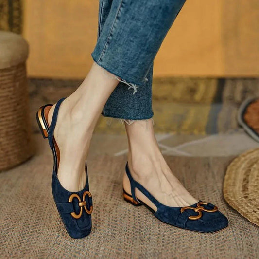 Women's suede square-toe sandals with slingback and tone buckle – Dark Blue
