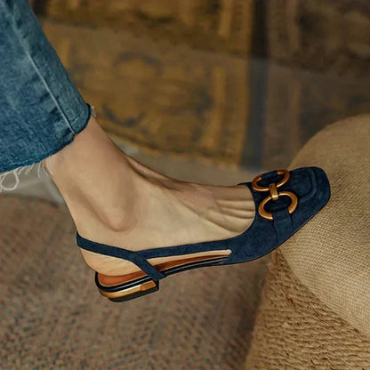 Women's suede square-toe sandals with slingback and tone buckle