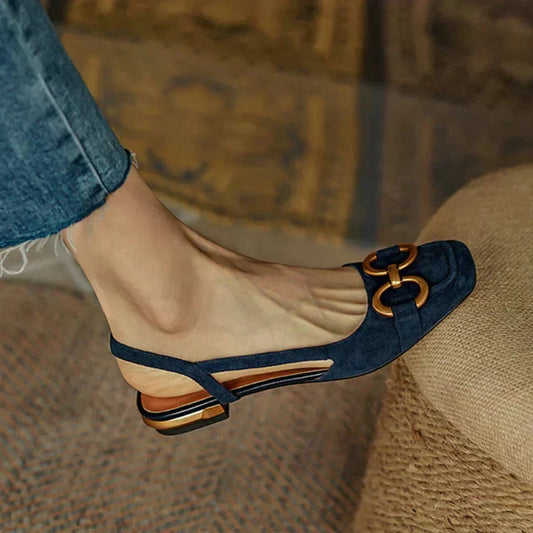 Women's suede square-toe sandals with slingback and tone buckle