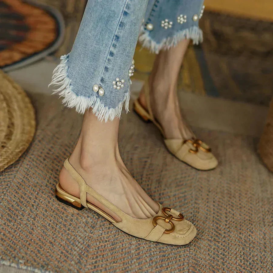 Women's suede square-toe sandals with slingback and tone buckle – Khaki