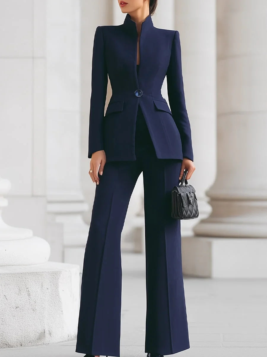 Women's tailored stand-collar blazer trousers suit denim jacket – Blue
