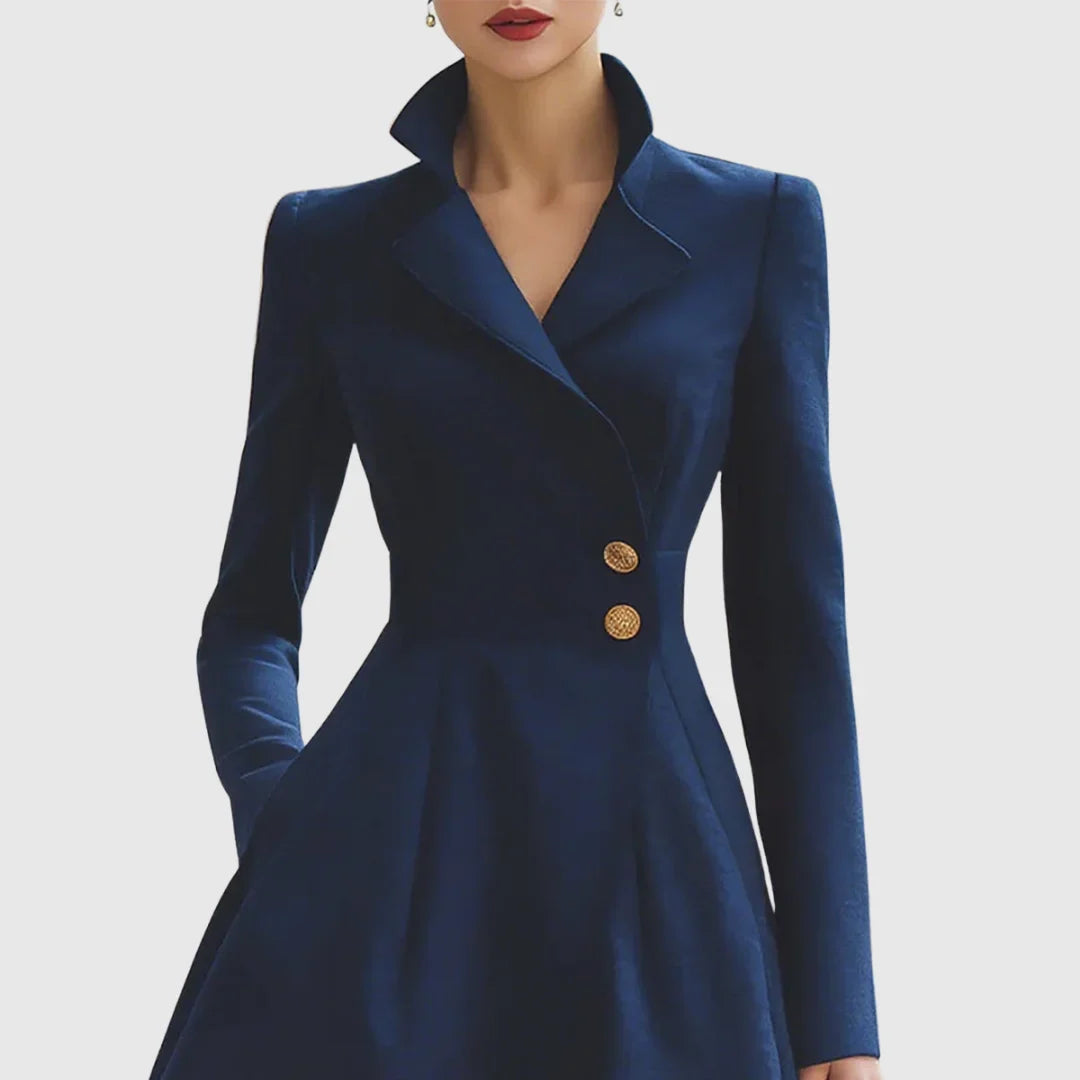 Women's tailored trench coat midi dress with V-neck and buttons – Navy Blue