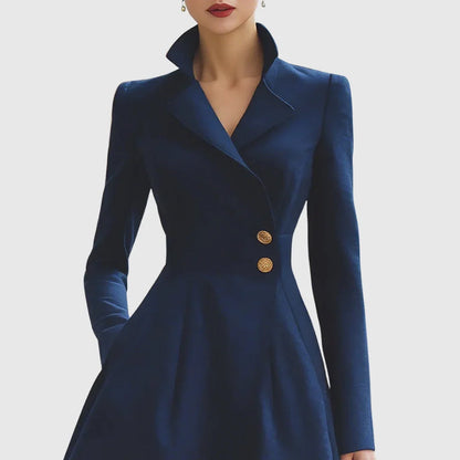 Women's tailored trench coat midi dress with V-neck and buttons – Navy Blue