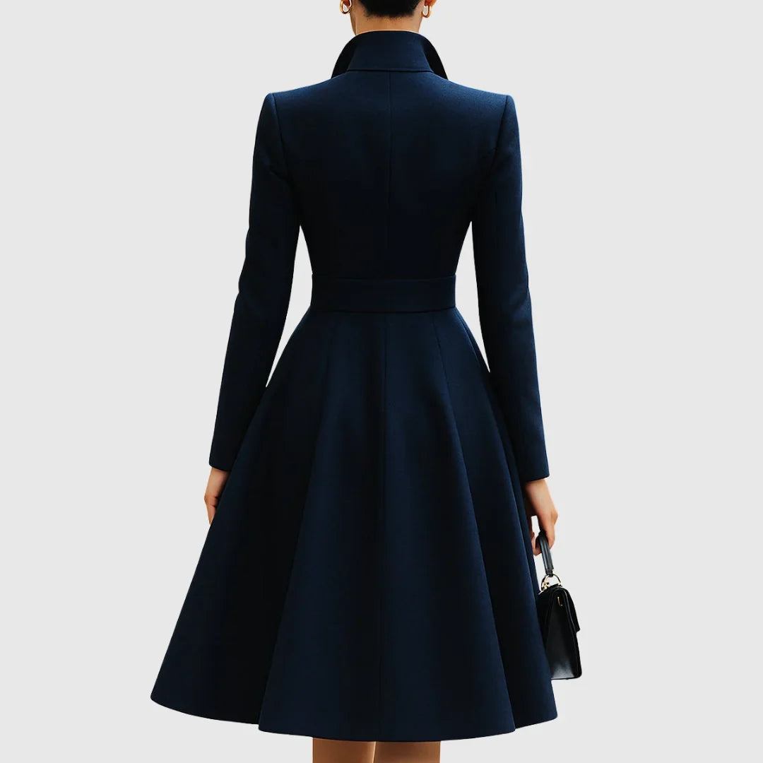 Women's tailored trench coat midi dress with V-neck and buttons – Navy Blue