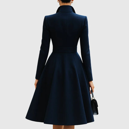 Women's tailored trench coat midi dress with V-neck and buttons – Navy Blue