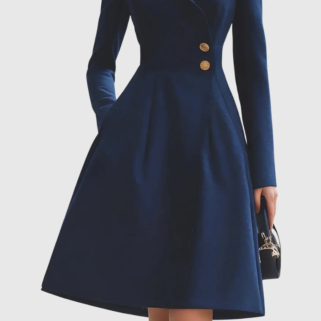 Women's tailored trench coat midi dress with V-neck and buttons – Navy Blue